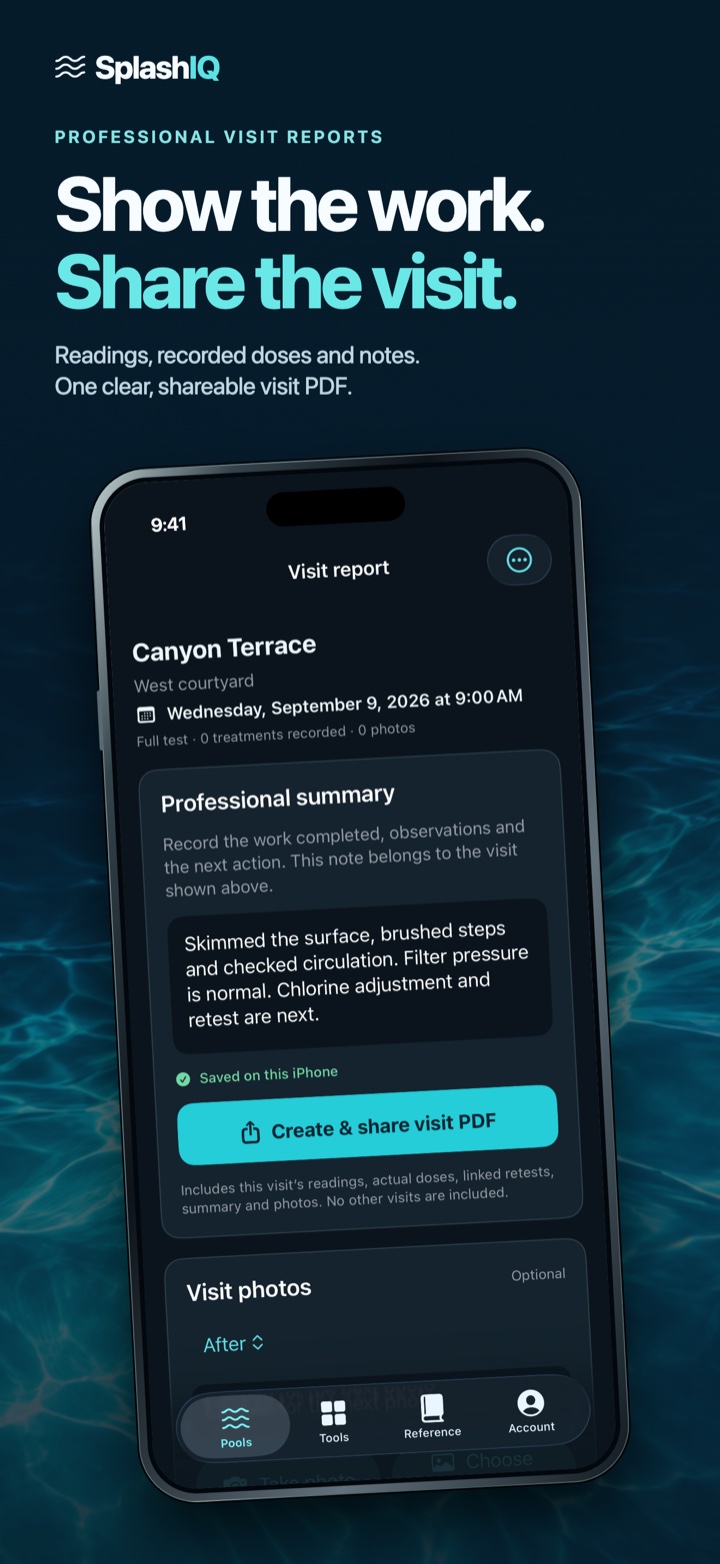 SplashIQ Pool Care professional visit report with readings, recorded doses, notes and photos