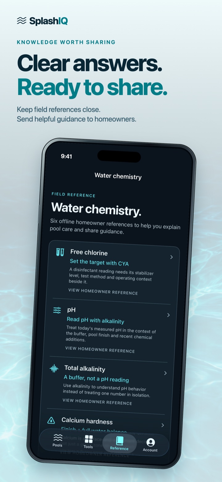 SplashIQ Pool Care water chemistry references designed to share with homeowners