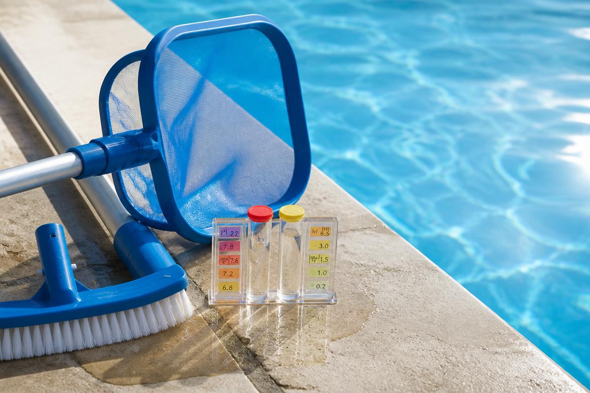 Pool cleaning and water-testing equipment used on a typical Irvine, California service visit